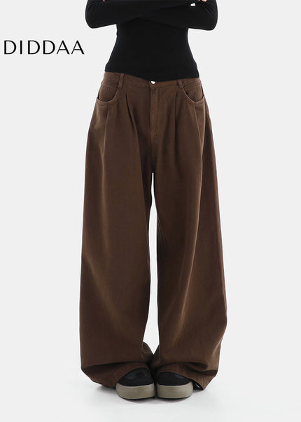 Brown High-Waisted Pleated Wide Leg Jeans Women’s Casual - Women’s Jeans