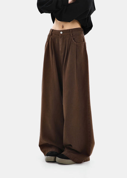 Brown High-Waisted Pleated Wide Leg Jeans Women’s Casual - Women’s Jeans