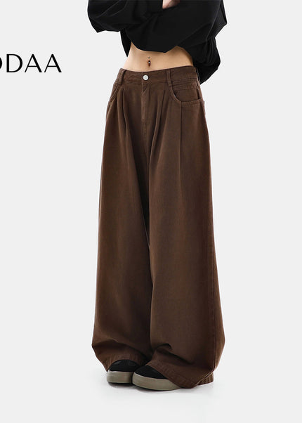 Brown High-Waisted Pleated Wide Leg Jeans Women’s Casual - S / Brown - Women’s Jeans