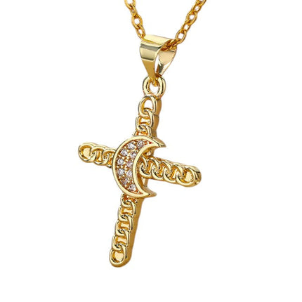 Brulee Pendant Necklace | Gold Cross Half Moon Zirconia Chain