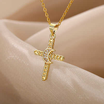 House of Shakespeare 14K Gold Plated, Zirconia Necklaces Brulee Pendant Necklace | Gold Cross Half Moon Zirconia Chain