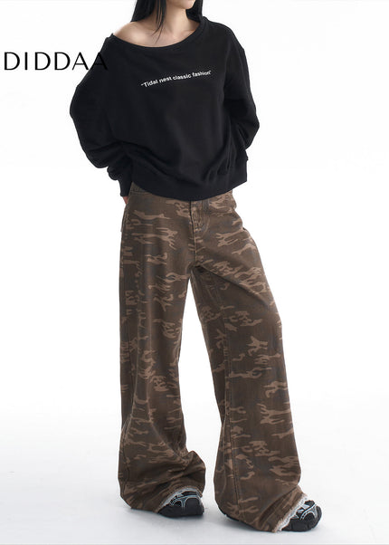 Camo Lace Side Straight Wide-Leg Jeans for Women - Women’s Jeans