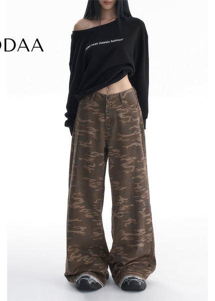 Camo Lace Side Straight Wide-Leg Jeans for Women - XS / Camouflage - Women’s Jeans