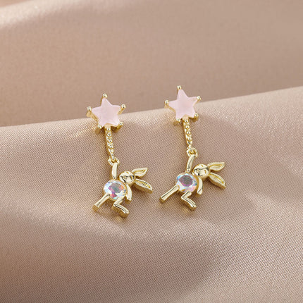 House of Shakespeare 14K Gold Plated, Zirconia Earrings Cartoon Earrings | Gold Purple Stone Zirconia Hanging Bear Drop Earrings