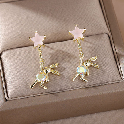 House of Shakespeare Gold 14K Gold Plated, Zirconia Earrings Cartoon Earrings | Gold Purple Stone Zirconia Hanging Bear Drop Earrings