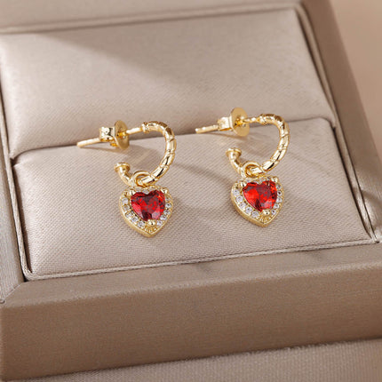 House of Shakespeare Red 14K Gold Plated, Zirconia Earrings Dangle Earrings | Gold Zirconia Small Heart Stud Earrings