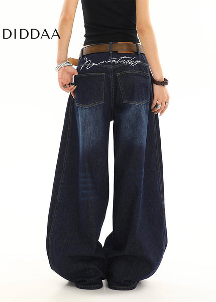 Dark Blue Distressed Loose Wide Leg Scimitar Jeans - Women’s Jeans