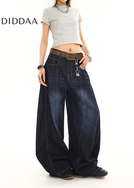 Dark Blue Distressed Loose Wide Leg Scimitar Jeans - Women’s Jeans