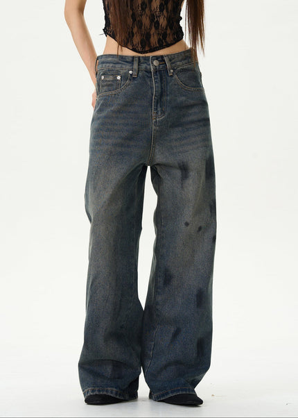 Dark Blue Graffiti Loose Jeans for Trendy Couples - Women’s Jeans