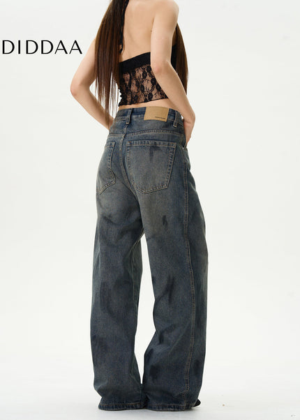 Dark Blue Graffiti Loose Jeans for Trendy Couples - Women’s Jeans