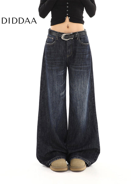 Dark Blue Loose Drape Wide-Leg Jeans for Women - Women’s Jeans