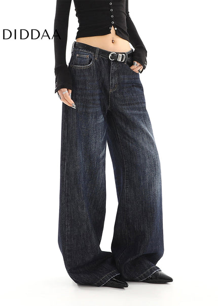 Dark Blue Loose Drape Wide-Leg Jeans for Women - Women’s Jeans