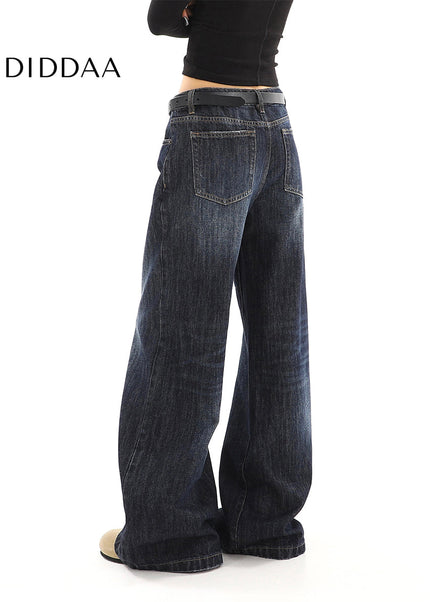 Dark Blue Loose Drape Wide-Leg Jeans for Women - Women’s Jeans
