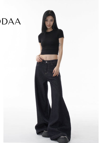 Dark Blue Loose Fit Wide Leg Fleece Jeans Women 2024 - Women’s Jeans