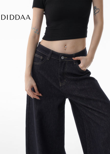 Dark Blue Loose Fit Wide Leg Fleece Jeans Women 2024 - Women’s Jeans