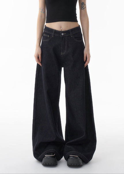 Dark Blue Loose Fit Wide Leg Fleece Jeans Women 2024 - Women’s Jeans