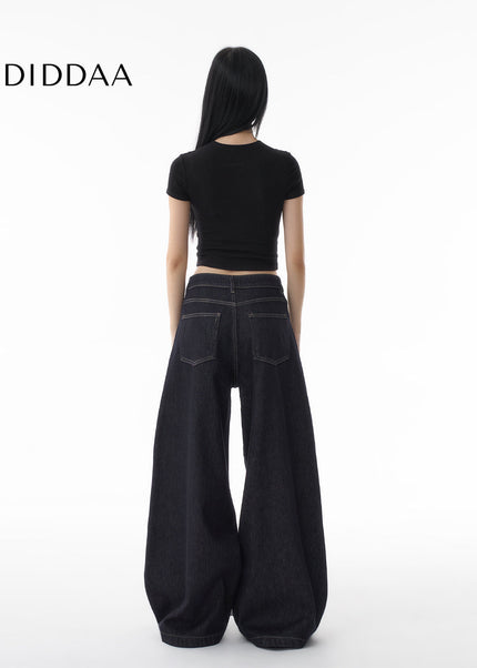 Dark Blue Loose Fit Wide Leg Fleece Jeans Women 2024 - Women’s Jeans