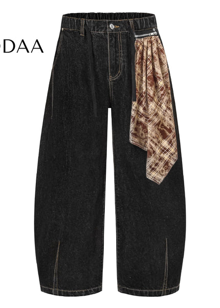 Denim Loose Fit Wide-leg Tracks with Detachable Scarves - S / Black - Women’s Jeans