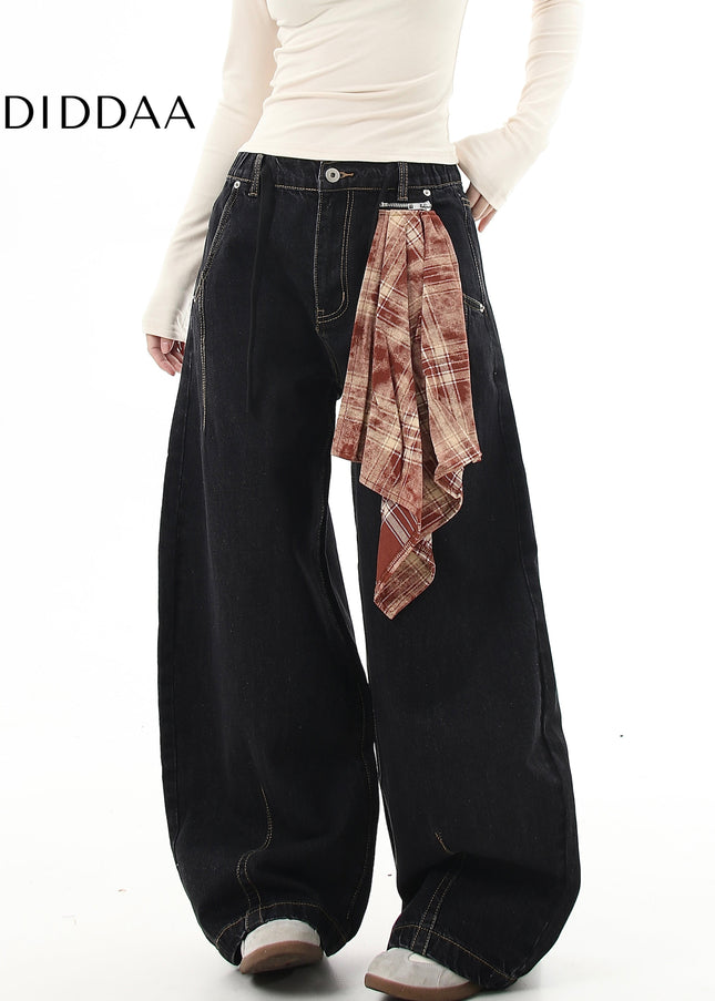 Denim Loose Fit Wide-leg Tracks with Detachable Scarves - Women’s Jeans