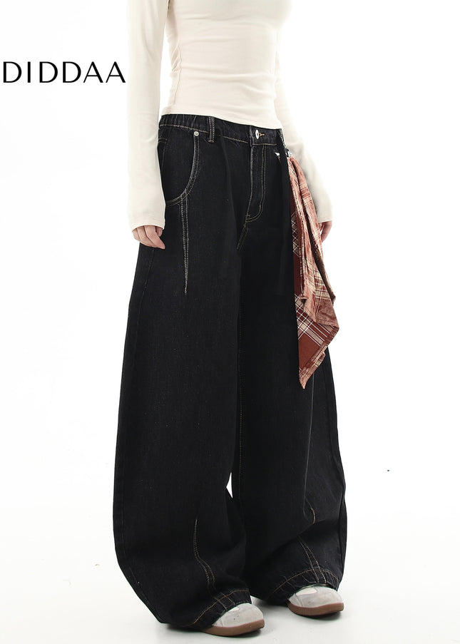 Denim Loose Fit Wide-leg Tracks with Detachable Scarves - Women’s Jeans