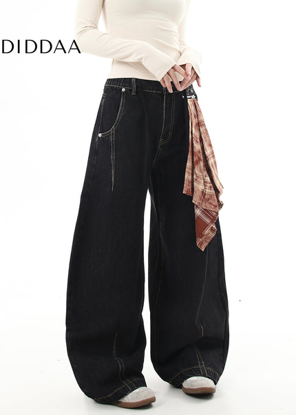Denim Loose Fit Wide-leg Tracks with Detachable Scarves - Women’s Jeans