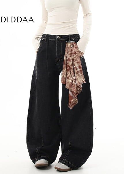 Denim Loose Fit Wide-leg Tracks with Detachable Scarves - Women’s Jeans