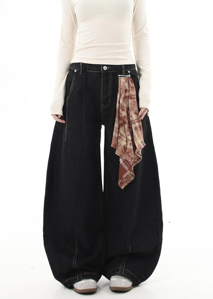 Denim Loose Fit Wide-leg Tracks with Detachable Scarves - Women’s Jeans