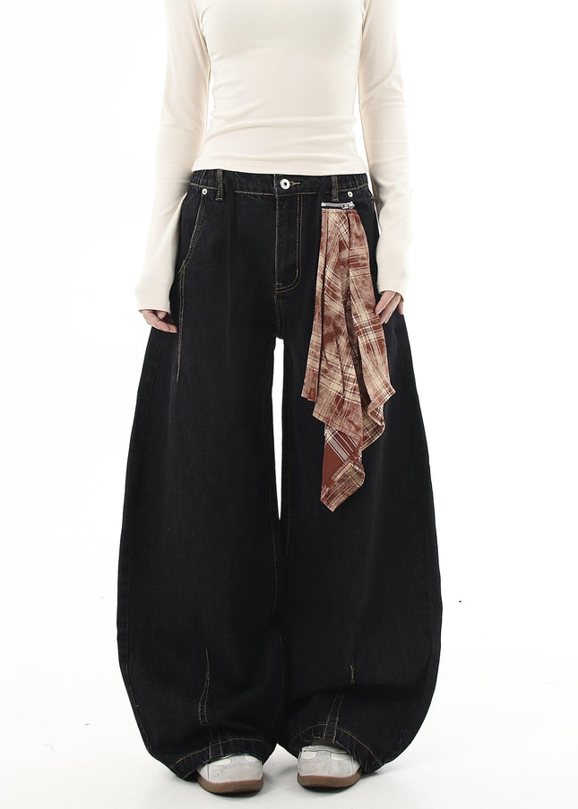 Denim Loose Fit Wide-leg Tracks with Detachable Scarves - Women’s Jeans
