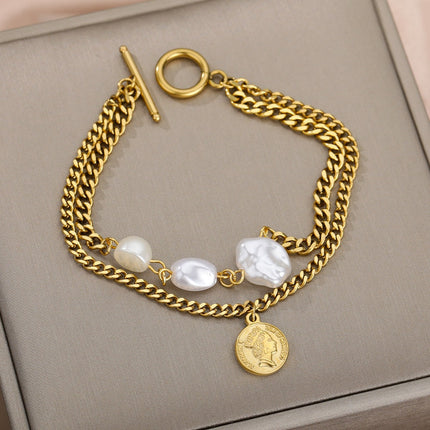 Devant Bracelet | Gold Pearl Coin Chain Link Women’s Bracelet - Gold - Bracelets
