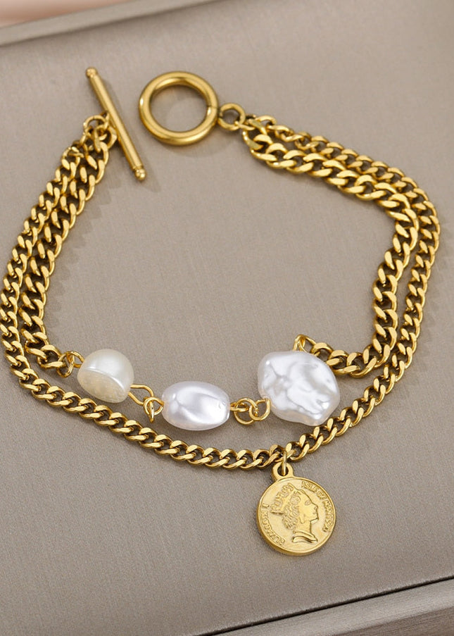 Devant Bracelet | Gold Pearl Coin Chain Link Women’s Bracelet - Gold - Bracelets