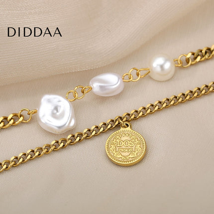 Devant Bracelet | Gold Pearl Coin Chain Link Women’s Bracelet - Gold - Bracelets