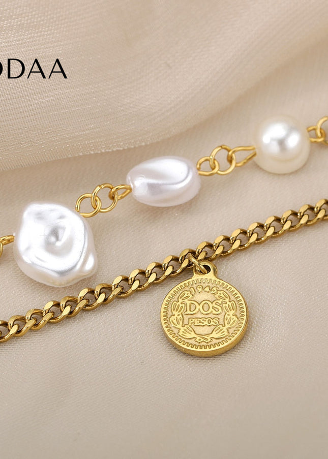 Devant Bracelet | Gold Pearl Coin Chain Link Women’s Bracelet - Gold - Bracelets