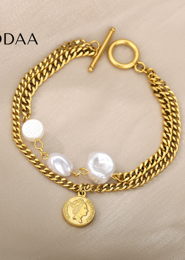 Devant Bracelet | Gold Pearl Coin Chain Link Women’s Bracelet - Gold - Bracelets