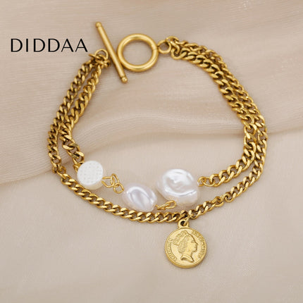 Devant Bracelet | Gold Pearl Coin Chain Link Women’s Bracelet - Gold - Bracelets