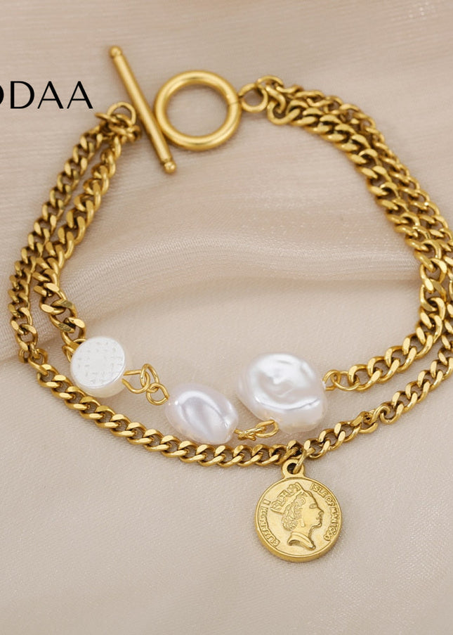 Devant Bracelet | Gold Pearl Coin Chain Link Women’s Bracelet - Gold - Bracelets