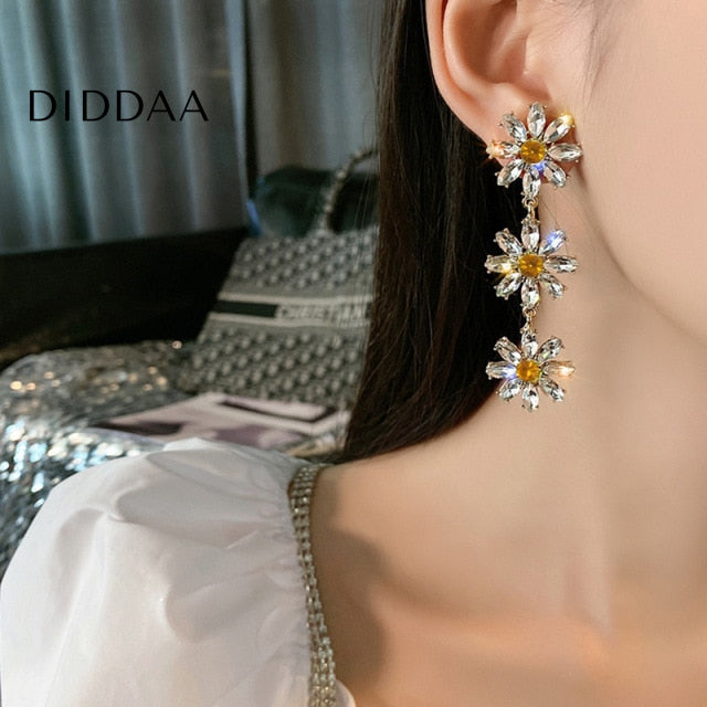 Elegant Earrings | Gold White Sunflower Drop Earrings - Gold - Earrings