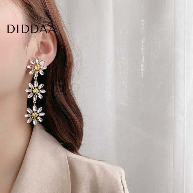 Elegant Earrings | Gold White Sunflower Drop Earrings - Gold - Earrings