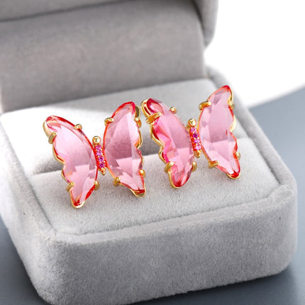 Espoir Earrings | Gold Pink Stone Butterfly Zirconia Stud Earrings - Gold - Earrings