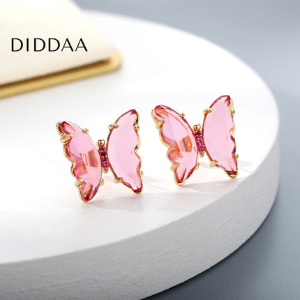 Espoir Earrings | Gold Pink Stone Butterfly Zirconia Stud Earrings - Gold - Earrings