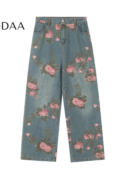 Floral Loose Fit Wide Leg Jeans for Men and Women - S / Blue - Women’s Jeans