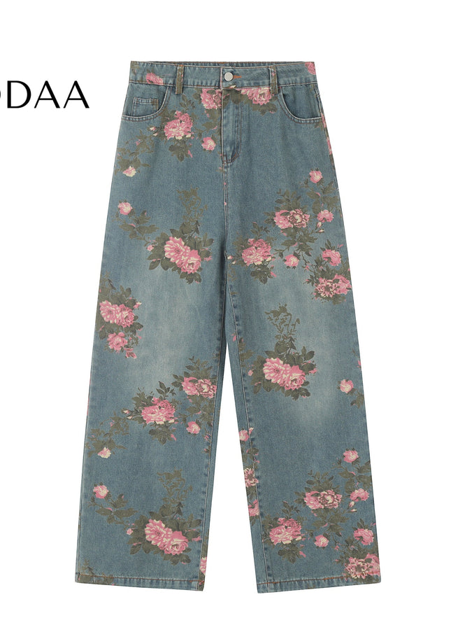 Floral Loose Fit Wide Leg Jeans for Men and Women - S / Blue - Women’s Jeans