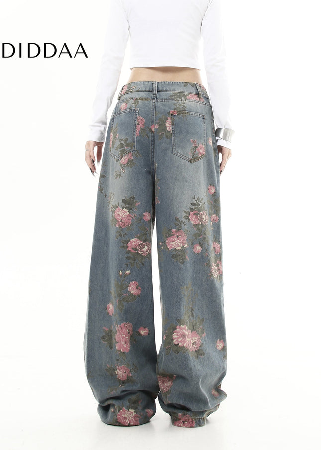 Floral Loose Fit Wide Leg Jeans for Men and Women - Women’s Jeans
