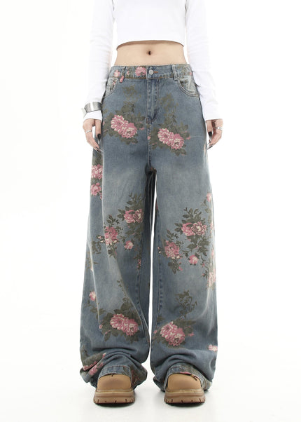 Floral Loose Fit Wide Leg Jeans for Men and Women - Women’s Jeans