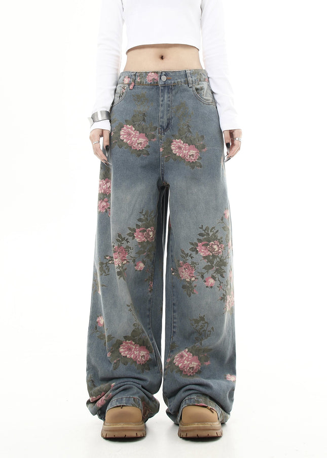 Floral Loose Fit Wide Leg Jeans for Men and Women - Women’s Jeans