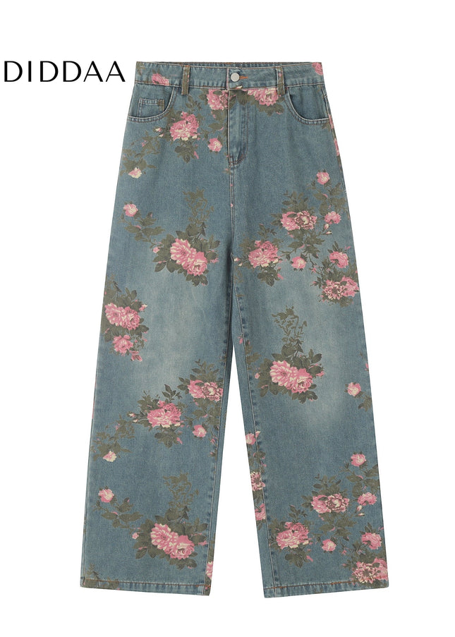 Floral Loose Fit Wide Leg Jeans for Men and Women - Women’s Jeans
