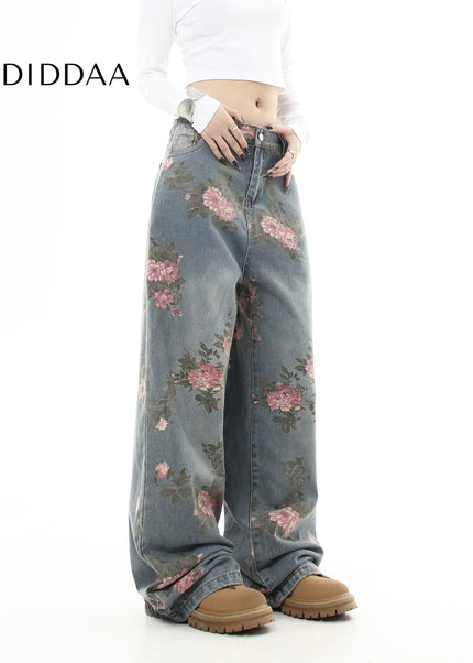 Floral Loose Fit Wide Leg Jeans for Men and Women - Women’s Jeans