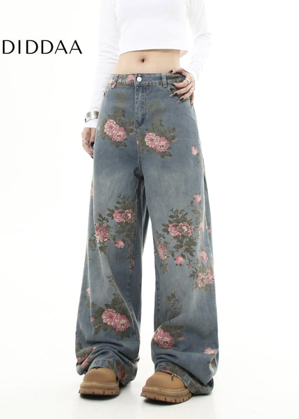 Floral Loose Fit Wide Leg Jeans for Men and Women - Women’s Jeans