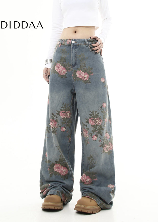 Floral Loose Fit Wide Leg Jeans for Men and Women - Women’s Jeans