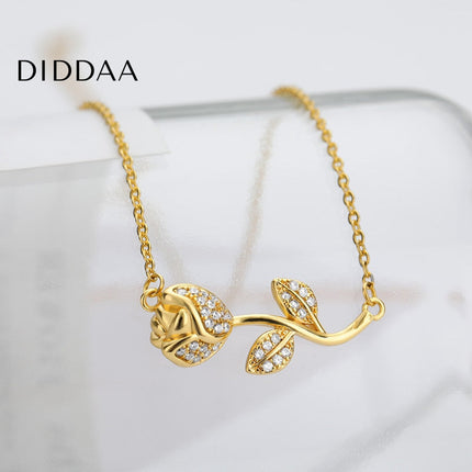 Floral Pendant Necklace | Gold Zirconia Rose Flower Chain - Necklaces