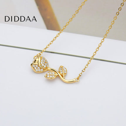 Floral Pendant Necklace | Gold Zirconia Rose Flower Chain - Necklaces